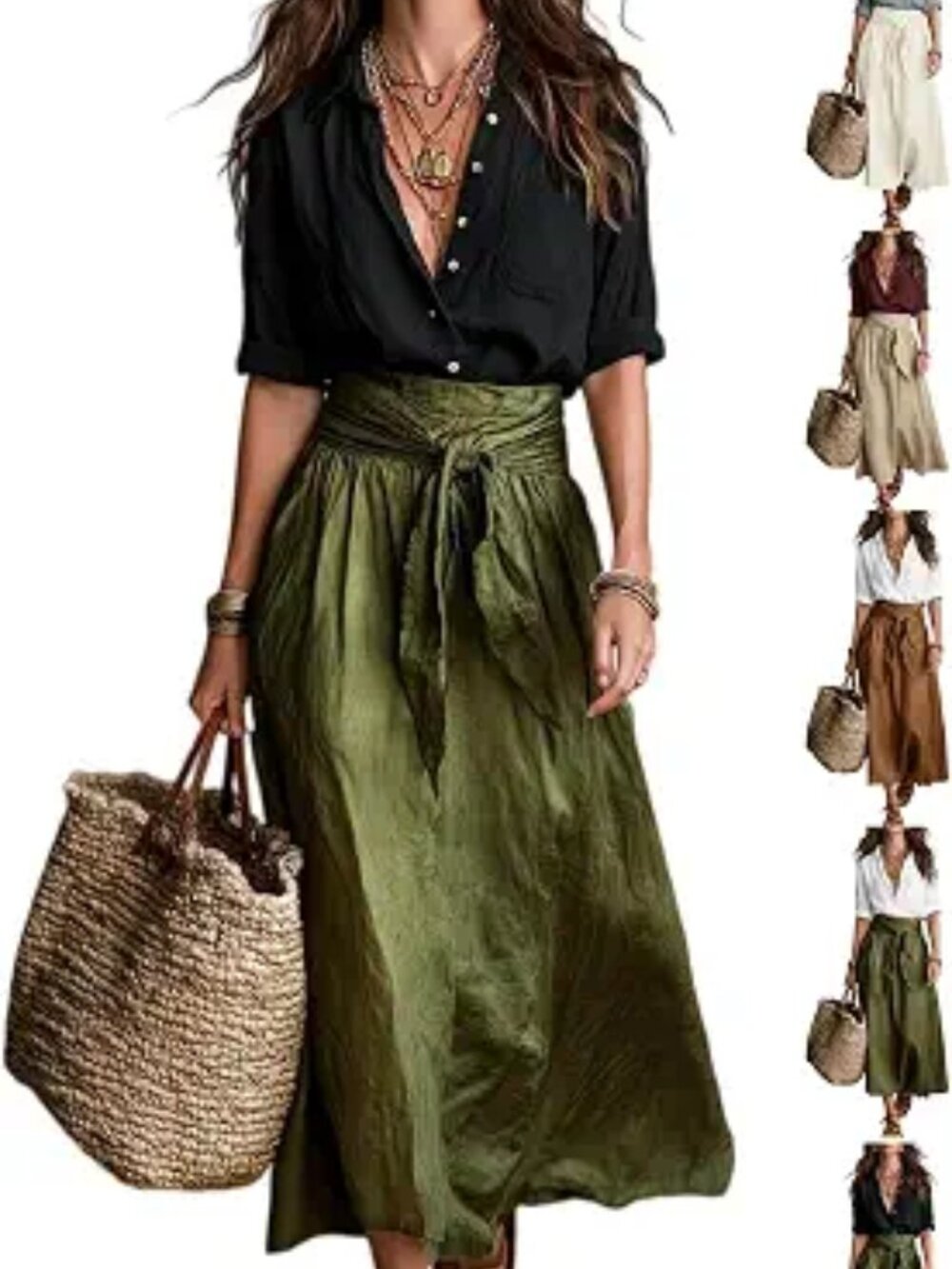 Olive green skirt and black long-sleeve blouse